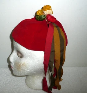 VINTAGE MR HERBERT RED VELVET LADIES HAT W/ RIBBONS & FLOWERS - Picture 1 of 6