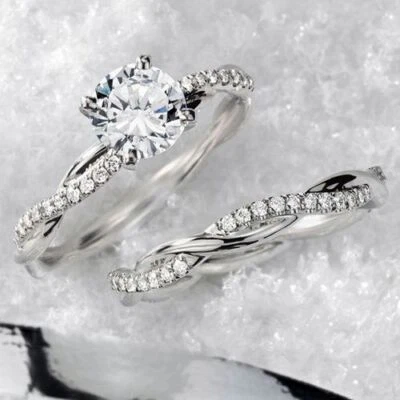 1.30CT White Round Cut Moissanite Halo Wedding Matching 14K White Gold Ring Set - Image 1 of 3