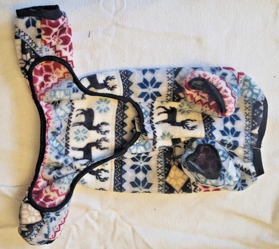 Fleece dog coat XS; Multi colored soft fleece pet coat/PJs wit arms and legs. - Image 1 of 4