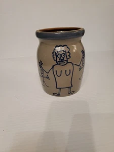 Vintage BBP Beaumont Brothers Pottery Blue Woman & Kids 5.5” Salt Glazed Crock - Picture 1 of 8