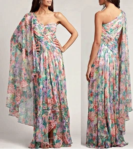 Tadashi Shoji One-Shoulder Cape-Sleeve Floral-Print High-Low Chiffon Gown Siz 10 - Picture 1 of 14