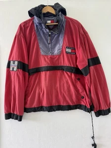 Vintage Tommy Hilfiger Jacket Mens Large Red Zip Vented W/Hood Windbreaker - Picture 1 of 16