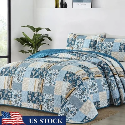 Boho Patchwork Quilt Set Soft Microfiber Bedspread W/ Pillowcases All Season New - Image 1 of 4