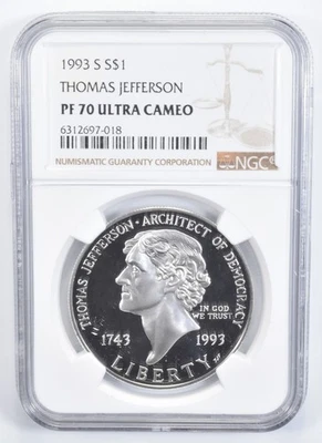 1993-S Thomas Jefferson Commemorative Silver Dollar PF70 UC NGC *6913 - Image 1 of 4