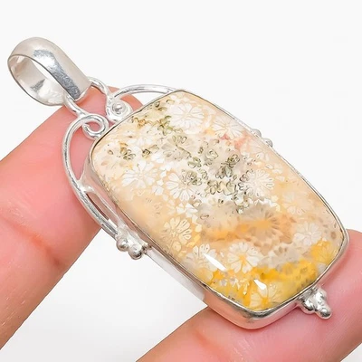 Fossil Corallo Gemma Artigianale Argento Sterling 925 Ciondolo Gioielli 5.8cm - Immagine 1 di 4