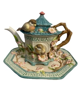 Vintage Fitz and Floyd Essentials Pagode Kirschblüten Vögel Teekanne & Teller - Bild 1 von 20