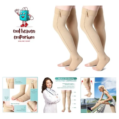 2 Pairs Zipper Open Toe Thigh High Compression Socks 20-30 mmHg for Men & Women - Image 1 of 4