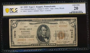 AC 1929 $5 First National Bank Koppel, Pennsylvania Ch #14070 PCGS 20 - Picture 1 of 2