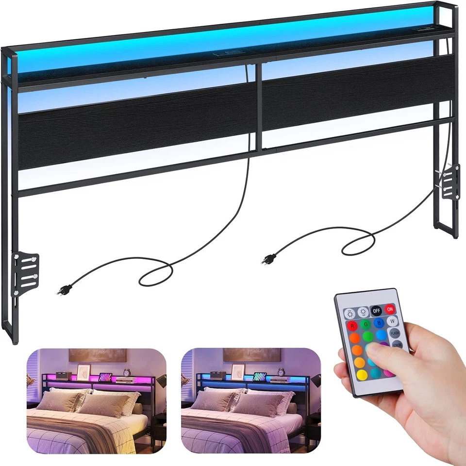 Cabecero para cama king size, tablero trasero con tomas de corriente, puerto USB, luz LED, cabecero Foto 1 de 4