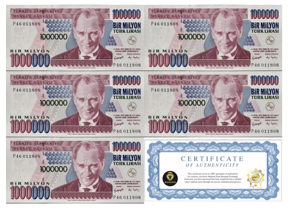 TURKEY 1,000,000 Lira qty 5 (5 MILLION TL Total) 1970-2002 UNC BANKNOTE USA - Image 1 of 4