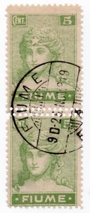 1919 - Regno d'Italia (Fiume) - Allegorie, coppia 5 c. verde doppia dent. usato - Picture 1 of 1