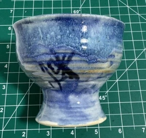 Hand thrown Pottery Signed Pedestal Bowl 3.25”Inch Tall 5” Dia. Blue Glazed - Picture 1 of 10
