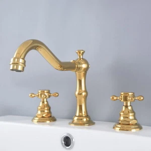 Golden Brass Deck Mount 3 Holes Double Handles Widespread Bathroom Sink Faucet - Picture 1 of 9