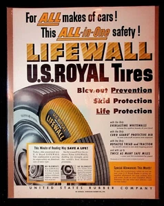 1950er Jahre US Royal Tires US Rubber Company Rettungswand Reifen Kunst Vintage Druck Anzeige - Bild 1 von 1