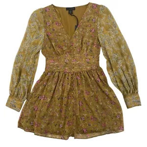 House Of Harlow 1960 Mustard Floral Metallic Lined Mini Dress Prairie Size XS - Imagen 1 de 14