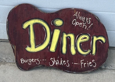 Vintage Rustic Hand Painted Wood SIgn "DINER" Burgers~Shakes~Fries  Always Open! - Image 1 of 4