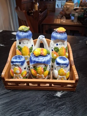 Italian Ceramic "Olio, Aceto, Sale, Pepe,"  5 Piece Serving Bottle Set with Rack - Image 1 of 4