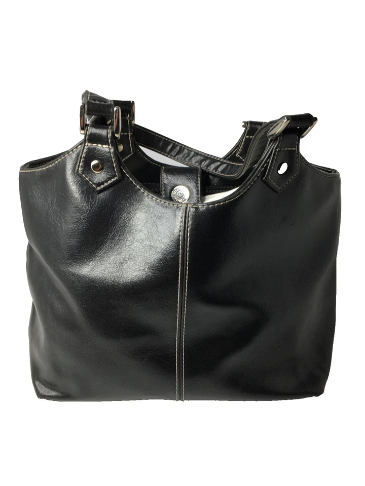 St John's Bay черная кожаная сумка винтажная 3 отделения застежка 9,5» W - Изображение 1 из 4