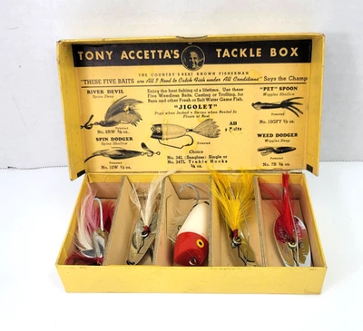 Vtg Tony Accettas Tackle Box 5 Fishing Lures River Devil Jigolet Weed Dodger - Image 1 of 4