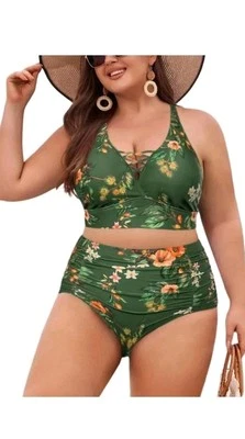 Womens Dark Green Floral Bikini Tankini Plus Size 14w High Waist, Hanna Nikole - Image 1 of 4
