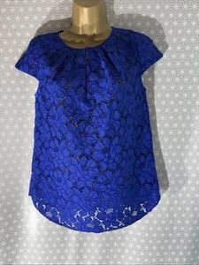 Womens J.crew Uk 4 Blue Floral Lace Cap Sleeve Sheer Smart Casusl Blouse Shirt - Picture 1 of 6
