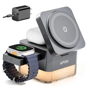 pour iPhone Table de Chevet Station de Charge,15W 3 en 1 Chargeur Sans Fil Gris Métal - Photo 1 sur 7