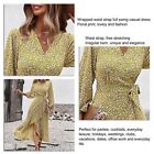 (Yellow Xl)Dress Floral Wrapped Waist Strap Full Swing Long Sleeve Casual Bgs