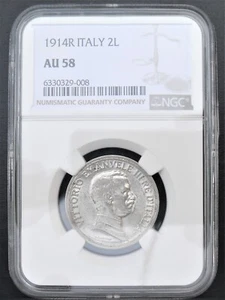 1914 R Italy 2 Lire , NGC AU 58 , nice silver coin # 1218 - Picture 1 of 4
