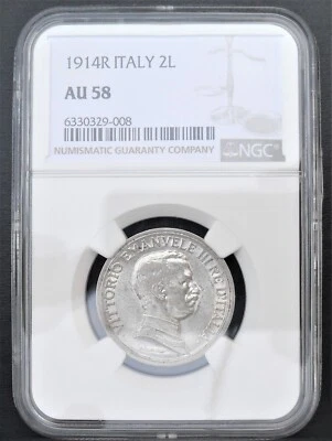 1914 R  Italy 2 Lire ,  NGC AU 58  , nice silver coin     # 1218 - Image 1 of 4