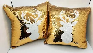 Cuscini Natalizi Renna Cervo Oro e Bianco Paillettes Reversibili Eleganti 12" - Foto 1 di 5