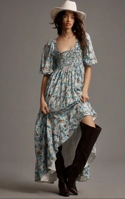 Anthropologie Midi Dress Women Babydoll Blue Floral Puff Sleeve Smock Sz SP NWT - Image 1 of 4