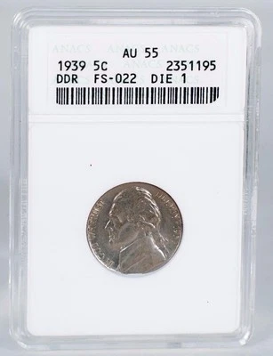 1939 Jefferson Nickel Double Die Reverse FS022 ANACS AU55 - Image 1 of 4