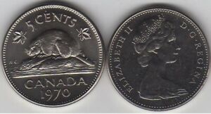 1970 Canada Five Cents Coin. UNC Semi Key Nickel 5 cents 5c