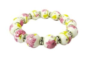 Porcelain Pink and Yellow Flower Bead and Crystal Beaded Stretch Bracelet - NEW