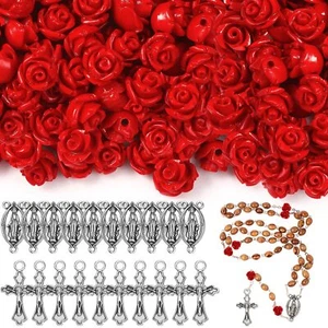 140 Pcs Rosary Making Supplies Carved Rose Beads Flower Beads Rosary Kit Cross - Picture 1 of 7