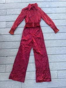 Vintage 1970s Burgundy Satin Polka dot Two Piece Pants Set Size XS/S 70s Suit - Picture 1 of 9