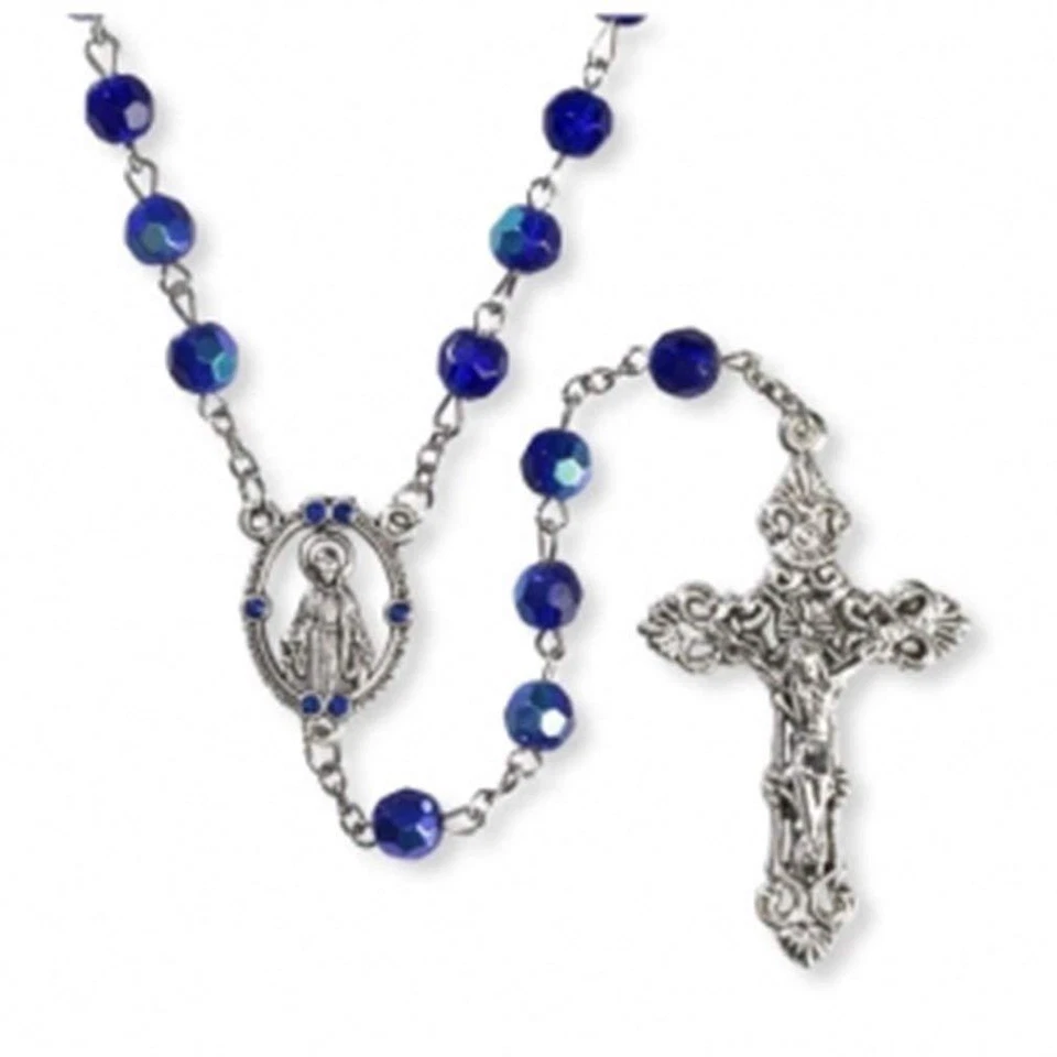 Rosario de cuentas de oración de vidrio color zafiro con centro de medalla milagrosa, 22 pulgadas Foto 1 de 1