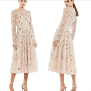 Abito nudo Mac Duggal maniche lunghe impreziosito da perline midi floreale taglia 2 - Foto 1 di 14