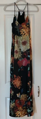 Vestido maxi NICOLE MILLER sem mangas preto vermelho estampa floral cetim tamanho XS - Imagem 1 de 4