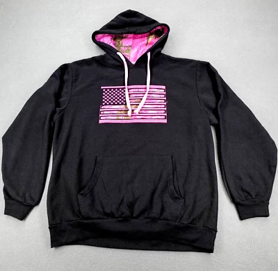 Mossy Oak Hoodie SweatShirt Women's L Flag Embroidered Black Pink Camo - Image 1 of 4