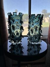 Pair Of Brutalist Lazy Susan Mid-Century Thorn Teal vases.