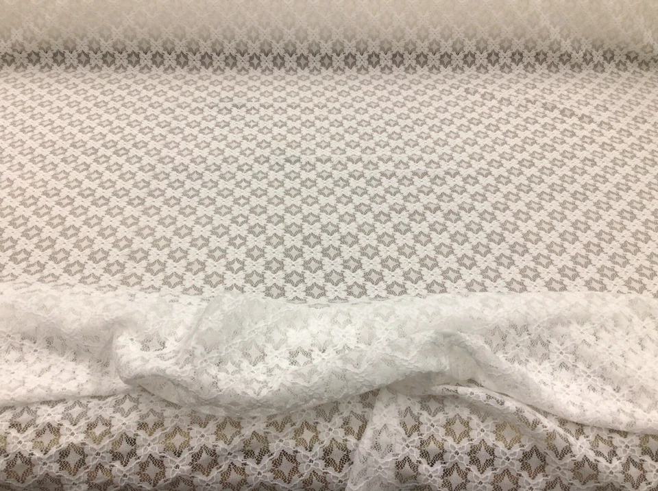 Embroidered Stretch Lace Apparel Fabric Sheer Small Floral Lattice White GG514 - Image 1 of 1