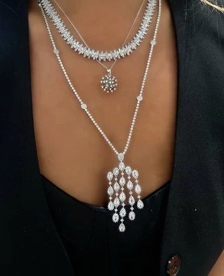 White Gold Plated Made W Swarovski Crystal Women's Long Necklace Bridal Jewelry - Image 1 of 4