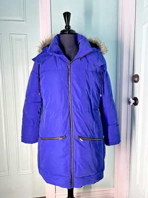 Old Navy Women's Parka Coat Blue L Large Faux Fur Trim Hood Gently Used NICE - Image 1 of 4