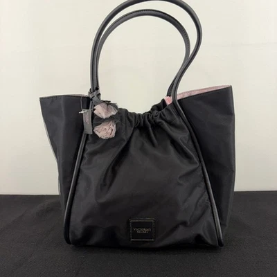 NEW Victorias Secret Limited Ed Noir Black Bucket Shoulder Tote Bag Pink Lining - Image 1 of 4
