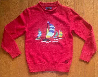 NEW $145 Polo Ralph Lauren Kids 100%Cotton Sailboats Boy's Knit Sweater M/10 Red - Image 1 of 4