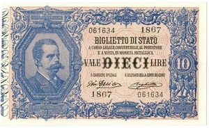 10 LIRE BIGLIETTO DI STATO EFFIGE UMBERTO I 10/04/1915 SUP+ - Picture 1 of 6
