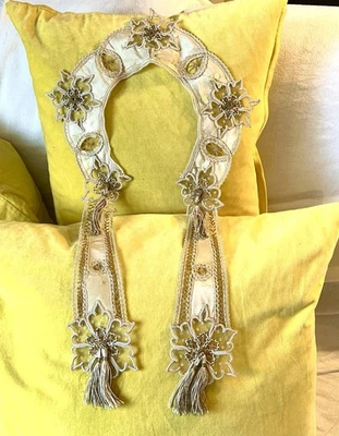 Ancien Col Soie Fil D’or Pompons Antique Victorian Silk Gold Trim Pompom Collar - Photo 1/4