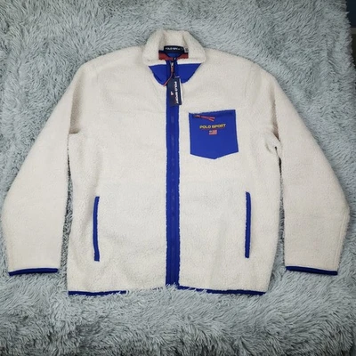 全新 Polo Ralph Lauren Sport Pile 抓绒夹克 男式 XL 奶油色/蓝色学院风 — 第 1/4 张图片