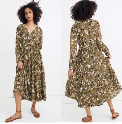 Madewell Cinch Waist Tiered Midi Dress S Olive Floral Wrap Boho Peasant Prairie - Image 1 of 4